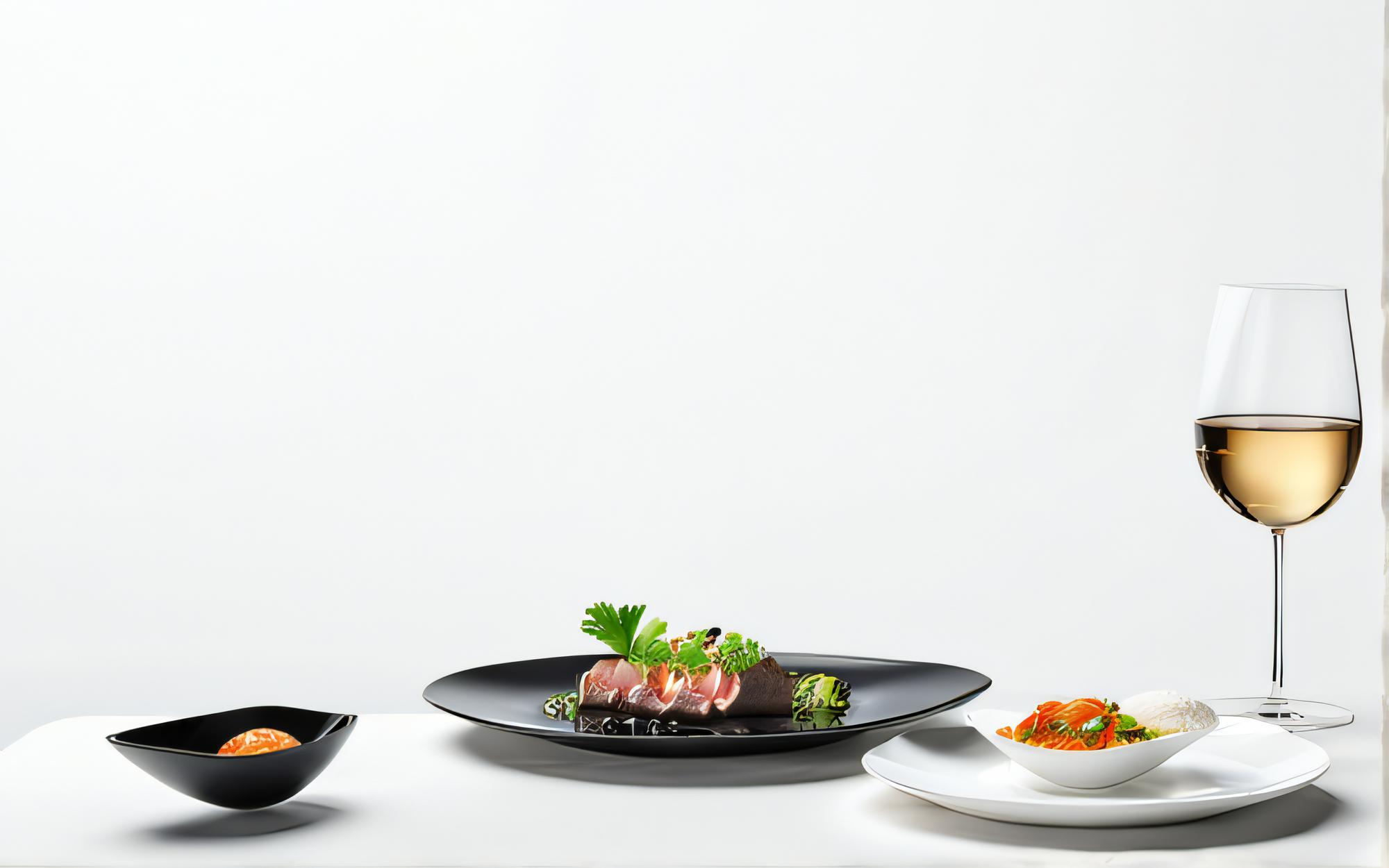 Tasting dinner with layered plates and wine pairing