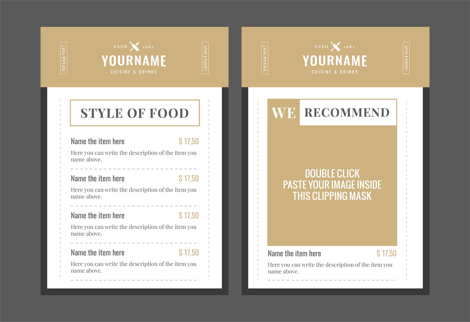Sample plated menu layout and cost sheet